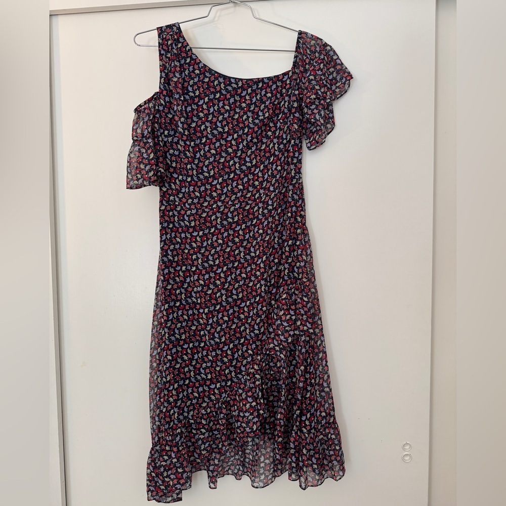 Shoshanna Silk Navy Floral Cold Shoulder Asymmetrical Ruffle Hem Midi Dress 8